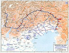 Mapa zachycující posun italské fronty na podzim roku 1917.