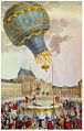 1783 - English: The first un-manned hot-air balloon, designed by the Montgolfier brothers, takes off from Versailles, on September 19, 1783. Français : Envol de la première montgolfière habitée par 3 animaux, de la Place d'Armes de Versailles -le 19 septembre 1783