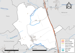 Carte en couleur présentant le réseau hydrographique de la commune