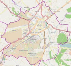 Mapa konturowa Kalisza, po lewej nieco na dole znajduje się punkt z opisem „ulica Wrocławska”