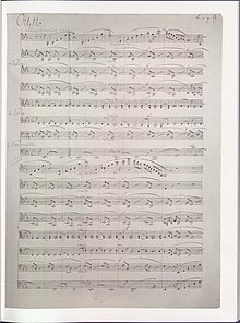 page of music manuscript, completed in ink, with sixteen staves