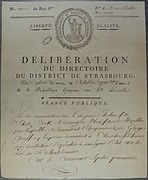 Délibération du directoire du district de Strasbourg du 18 octobre 1792 autour des dénonciations qui demandent l'éloignement de George Graff, ex-capucin (l'ordre mineur des Capucins avait été aboli en 1790) de la commune d'Oberschaeffolsheim.