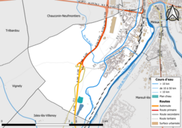 Carte en couleur présentant le réseau hydrographique de la commune