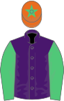 Purple, emerald green sleeves, orange cap, emerald green star