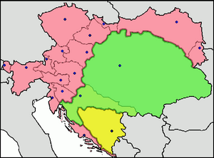 Avstriya-Macarıstan. Bosniya və Herseqovina yaşıl rənglə göstərilib, Transleytaniya (Macarıstan tacının torpaqları) mavi ilə göstərilib, Sisleytaniya (Avstriya tacının torpaqları) isə qırmızı ilə