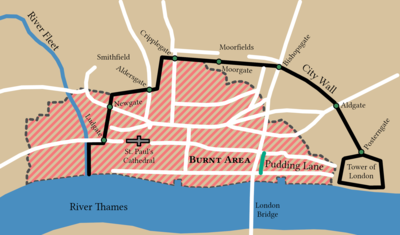 Map of central London in 1666, showing landmarks related to the Great Fire of London