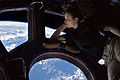 Tracy Caldwell Dyson in the Cupola module of the ISS observing Earth below