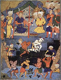 Kiri: Gambar monster Gog dan Magog, karya Zakaria Alqazwini (1203–1283). Kanan: Iskandar (Aleksander) mendirikan tembok untuk mengurung Yakjuj dan Makjuj dengan bantuan para dev (dedemit), gambar miniatur Persia dalam salah satu naskah Falnamah, abad ke-16.[102][103]