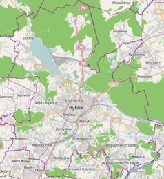 Mapa konturowa Rybnika, na dole po prawej znajduje się punkt z opisem „Boguszowice”