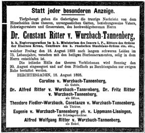 Todesanzeige für Constant v. Wurzbach-Tannenberg