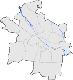 Mapa konturowa Gliwic, blisko centrum na dole znajduje się punkt z opisem „Dawna lokalizacja dzielnicy”