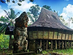 A traditional Nias house and megalithic statue in Sisarahili