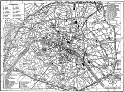 Mappa di Parigi del 1911 che mostra la cinta di Thiers e i suoi bastioni.