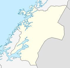 Mapa konturowa Nord-Trøndelagu, na dole nieco na lewo znajduje się punkt z opisem „Hell”