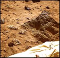 The "Mini Matterhorn" is a 3/4 meter rock immediately east-southeast of the Mars Pathfinder lander. This image, along with PIA00816 and PIA00818, shows how super resolution techniques can be applied to nearfield targets to help to address questions about the texture of the rocks at the landing site and what it might tell us about their modes of origin. PIA00816 shows a "raw", standard-resolution color frame of the rock. This image and PIA00818 were produced by combining the "Super pan" frames from the IMP camera. The composite color frame consists of 7 frames from the right eye, taken with different color filters that were enlarged by 500% and then co-added using Adobe Photoshop to produce, in effect, a super-resolution panchromatic frame that is sharper than an individual frame would be. This panchromatic frame was then colorized with the red, green, and blue filtered images from the same sequence. The color balance was adjusted to approximate the true color of Mars. Mars Pathfinder is the second in NASA's Discovery program of low-cost spacecraft with highly focused science goals. The Jet Propulsion Laboratory, Pasadena, CA, developed and manages the Mars Pathfinder mission for NASA's Office of Space Science, Washington, D.C. JPL is a division of the California Institute of Technology (Caltech).