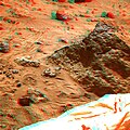 Mini Matterhorn is a 3/4 meter rock immediately east-southeast of the Mars Pathfinder lander. This view was produced by combining the "Super Panorama" frames from the IMP camera. Super resolution was applied to help to address questions about the texture of this rock and what it might tell us about its mode of origin. The composite color frames that make up this anaglyph were produced for both the right and left eye of the IMP. These composites consist of 7 frames in the right eye and 8 frames in the left eye, taken with different color filters that were enlarged by 500% and then co-added using Adobe Photoshop to produce, in effect, a super-resolution panchromatic frame that is sharper than an individual frame would be. These panchromatic frames were then colorized with the red, green, and blue filtered images from the same sequence. The color balance was adjusted to approximate the true color of Mars. The anaglyph view was produced by combining the left with the right eye color composite frames by assigning the left eye composite view to the red color plane and the right eye composite view to the green and blue color planes (cyan), to produce a stereo anaglyph mosaic. This mosaic can be viewed in 3-D on your computer monitor or in color print form by wearing red-blue 3-D glasses. Mars Pathfinder is the second in NASA's Discovery program of low-cost spacecraft with highly focused science goals. The Jet Propulsion Laboratory, Pasadena, CA, developed and manages the Mars Pathfinder mission for NASA's Office of Space Science, Washington, D.C. JPL is a division of the California Institute of Technology (Caltech). The left eye and right eye panoramas from which this anaglyph was created is available at PIA02405 andPIA02406