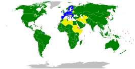 ■ Leden ■ Leden, gerepresenteerd door de EU ■ Waarnemend ■ Niet-leden