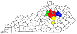 Map of the Lexington–Fayette–Frankfort–Richmond CSA, with the Lexington–Fayette Metropolitan Statistical Area highlighted in red.