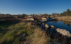 Bridge over the "ruisseau du Pallas" (stream). Mèze, Hérault, France. View from East in 2013.