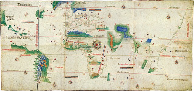 Planisferi de Cantino (1502), mostra la Línia de Tordesillas amb la qual es va dividir el món el 1494. Seria aproximadament el meridià 60 en mesures actuals. En el seu extrem inferior esquerre es pot veure en blanc la zona (encara desconeguda per llavors) en la qual es trobava l'actual territori argentí