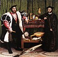 Esimerkki anamorfoosista: Suurlähettiläät, Hans Holbein. Kuvan alaosassa on vääristynyt kallo, joka näkyy oikein kun sitä katsotaan oikeasta kulmasta.