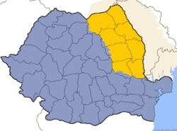 Románia térképe a Moldvai tájegységgel (sárga)
