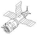 Figure 2-9. Salyut 6, the third DOS station to be manned. Addition of the aft port (left) forced redesign of the main propulsion system.