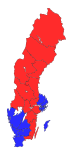 Röstfördelning länsvis. Blå indikerar Allians för Sverige (M, C, FP, KD). Röd det Röd-gröna blocket (S, V, MP)