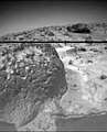 The rock "Stimpy" is seen in this close-up image taken by the Sojourner rover's left front camera on Sol 70 (September 13). Detailed texture on the rock, such as pits and flutes, are clearly visible. Mars Pathfinder is the second in NASA's Discovery program of low-cost spacecraft with highly focused science goals. The Jet Propulsion Laboratory, Pasadena, CA, developed and manages the Mars Pathfinder mission for NASA's Office of Space Science, Washington, D.C. JPL is a division of the California Institute of Technology (Caltech).