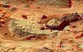 This view of the Flute Top was produced by combining the "Super Panorama" frames from the IMP camera. Super resolution was applied to help to address questions about the texture of this rock and what it might tell us about its mode of origin. The composite color frames that make up this anaglyph were produced for both the right and left eye of the IMP. These composites consist of 7 frames in the right eye and 8 frames in the left eye, taken with different color filters that were enlarged by 500% and then co-added using Adobe Photoshop to produce, in effect, a super-resolution panchromatic frame that is sharper than an individual frame would be. These panchromatic frames were then colorized with the red, green, and blue filtered images from the same sequence. The color balance was adjusted to approximate the true color of Mars. The anaglyph view was produced by combining the left with the right eye color composite frames by assigning the left eye composite view to the red color plane and the right eye composite view to the green and blue color planes (cyan), to produce a stereo anaglyph mosaic. This mosaic can be viewed in 3-D on your computer monitor or in color print form by wearing red-blue 3-D glasses. Mars Pathfinder is the second in NASA's Discovery program of low-cost spacecraft with highly focused science goals. The Jet Propulsion Laboratory, Pasadena, CA, developed and manages the Mars Pathfinder mission for NASA's Office of Space Science, Washington, D.C. JPL is a division of the California Institute of Technology (Caltech). The left eye and right eye panoramas from which this anaglyph was created is available at PIA02405 andPIA02406