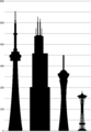 Porovnanie CN Tower (Toronto), Willis Tower (Chicago), Stratosphere Tower (Las Vegas) a Space Needle (Seattle)