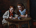 The Valentine. Signed W Hemsley. Indistinctly inscribed with title verso. Oil on board. 15.5 x 19.5 cm