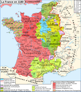 Carte de la France à la fin du XIIe siècle, les deux entités sont incluses dans le Duché d'Aquitaine, du royaume Plantagenêt.