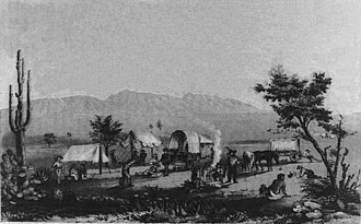 Tegning af et amerikansk vogntog og maricopaer ved Maricopa Wells i Arizona 1857, hvorfra hvide postarbejdere så slaget ved Pima Butte