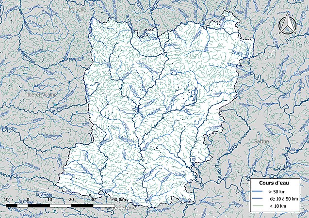 Carte de l'ensemble du réseau hydrographique de la Mayenne.