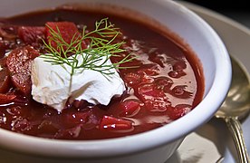 Borscht with sour cream and dill