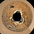 This figure contains an azimuth-elevation projection of the "Gallery Panorama." The original Simple Cylindrical mosaic has been reprojected to the inside of a sphere so that lines of constant azimuth radiate from the center and lines of constant elevation are concentric circles. This projection preserves the resolution of the original panorama. Overlaid onto the projected Martian surface is a delineation of the Sojourner rover traverse path during the 83 Sols (Martian days) of Pathfinder surface operations. The rover path was reproduced using IMP camera "end of day" and "Rover movie" image sequences and rover vehicle telemetry data as references.