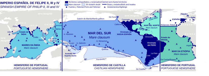 Imperi Espanyol de Felip II, Felip III i Felip IV, incloent els territoris cartografiats i reclamats, reclamacions marítimes (mare clausum) i altres aspectes