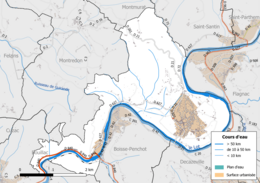 Carte en couleur présentant le réseau hydrographique de la commune