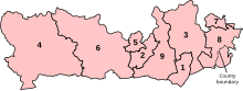 Numbered map of the Parliamentary constituencies of Berkshire that were created by the 2023 boundary review and first used at the 2024 UK general election.