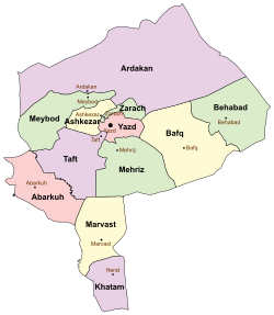 Location of Yazd County in Yazd province (center, pink)