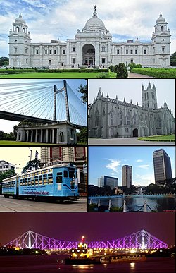 Clockwise from top: Victoria Memorial, St. Paul's Cathedral, central business district, Howrah Bridge, city tram line, Vidyasagar Bridge