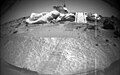 This image of the Mars Pathfinder Lander on the surface of Mars was imaged by Sojourner as it looks back. Sojourners tracks are visible in the foreground