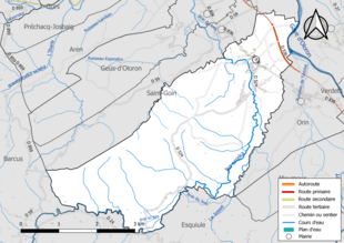 Carte en couleur présentant le réseau hydrographique de la commune