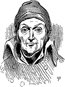 Portait-croquis de l’inventeur portant un bonnet et une redingote à très haut col qui enveloppe largement le cou et monte quasiment jusqu’au lobe des oreilles.