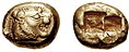 Image 22A 640 BC one-third stater electrum coin from Lydia. According to Herodotus, the Lydians were the first people to introduce the use of gold and silver coins. It is thought by modern scholars that these first stamped coins were minted around 650 to 600 BC. (from Money)