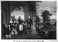 El general y primer presidente George Washington despide al noble francés y también general Gilbert de La Fayette (1784). Al frente de tropas de la monarquía francesa había apoyado la independencia de las Trece Colonias frente a Inglaterra, al igual que hicieron el gobernador español de Luisiana Bernardo de Gálvez y Madrid y el militar francés Jean-Baptiste Donatien de Vimeur de Rochambeau, en un ajuste de cuentas de la anterior Guerra de los Siete Años. La Fayette, influido por su experiencia americana, fue partidario de las reformas moderadas y de una monarquía constitucional durante la posteriores acontecimientos revolucionarios en Francia.