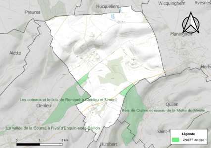 Carte des ZNIEFF de type 1 sur la commune.