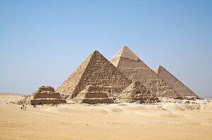 Photograph of all pyramids of Giza on a clear day