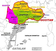 Carte des dialectes du diasystème occitano-roman incluant la subdivision du gascon.